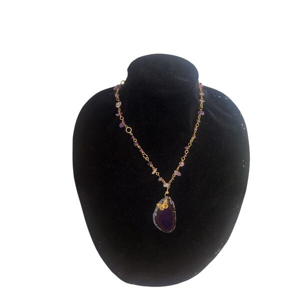 18k Gold Plated Agate Slice Bead Amethyst Chip Butterfly Millefiori Necklace - Picture 5 of 7